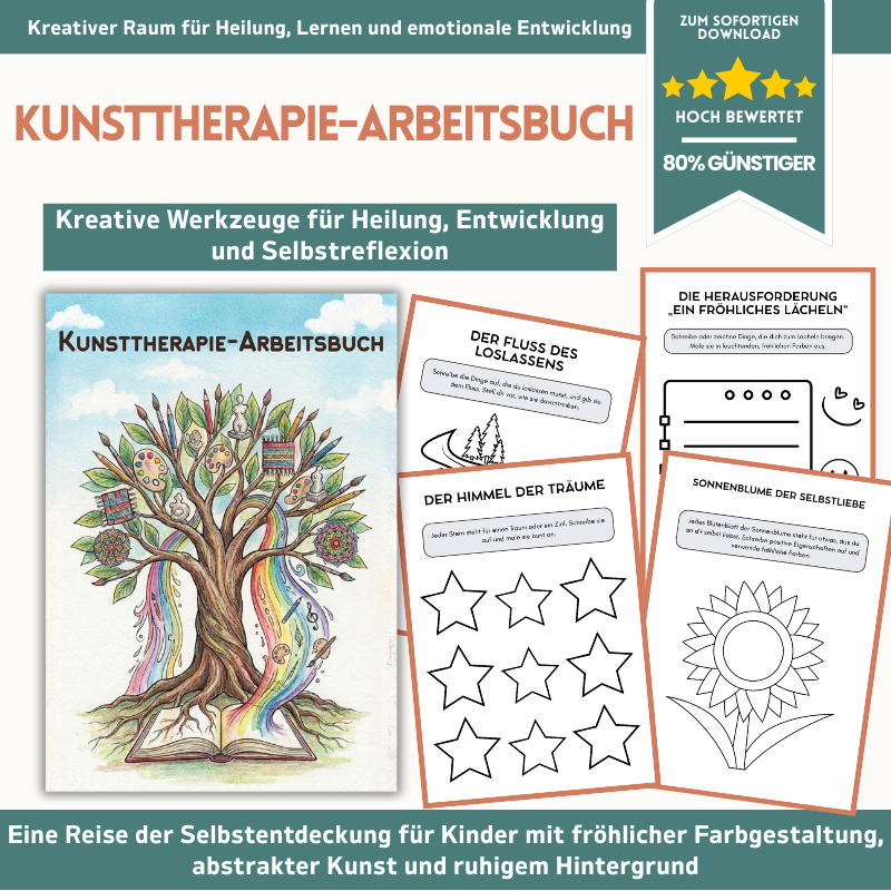 Kunsttherapie-Arbeitsbuch für Kinder & Jugendliche – 110+ ausdruckbare Aktivitäten zur psychischen Gesundheit (CBT, Achtsamkeit & SEL)